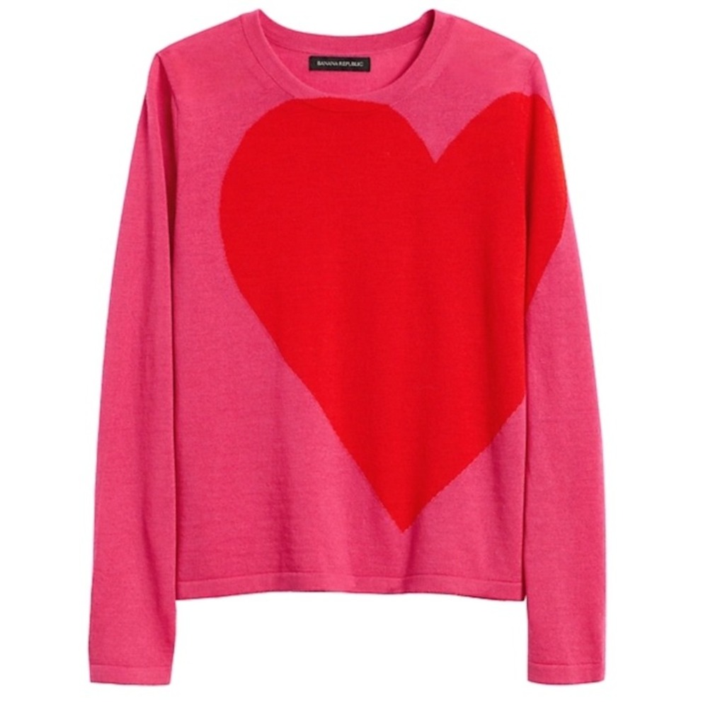 Banana‎ Republic Women's Merino Wool Pink Red Heart Sweater Knit- Size XS